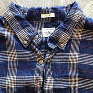 J. Crew Button Down Mens Cotton Shirt in Blue and Gold Plaid - Size XL Slim Fit